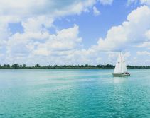 Historic red brick building in downtown Amherstburg with clock tower