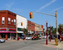 Historic red brick building in downtown Amherstburg with clock tower